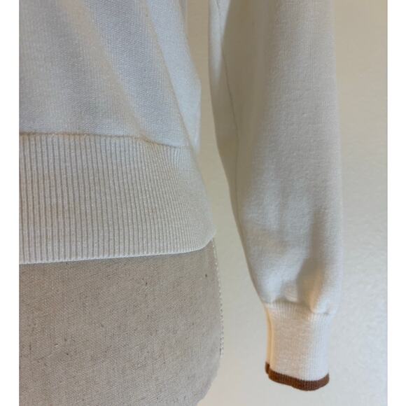 MARLED V-Neck Sweater White Long Sleeve Brown Trim Fall Minimalist | XS - Picture 4 of 7